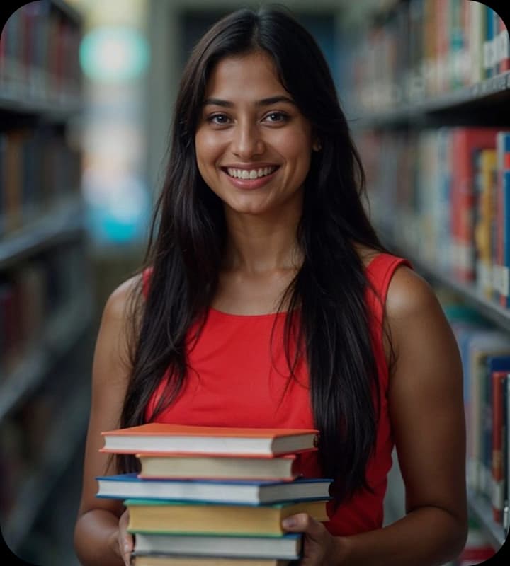 Student in red top holding stack of books