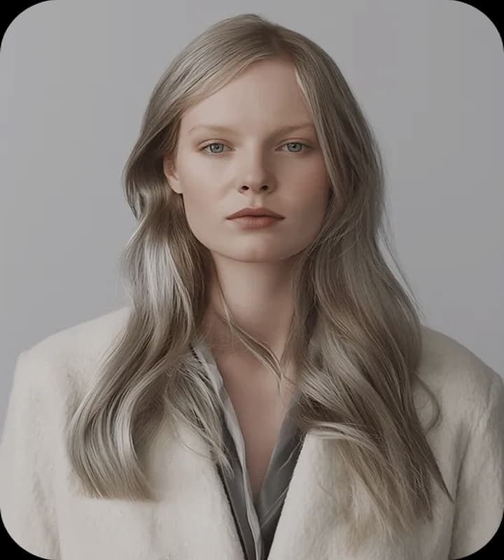 Woman with sleek hair in light coat